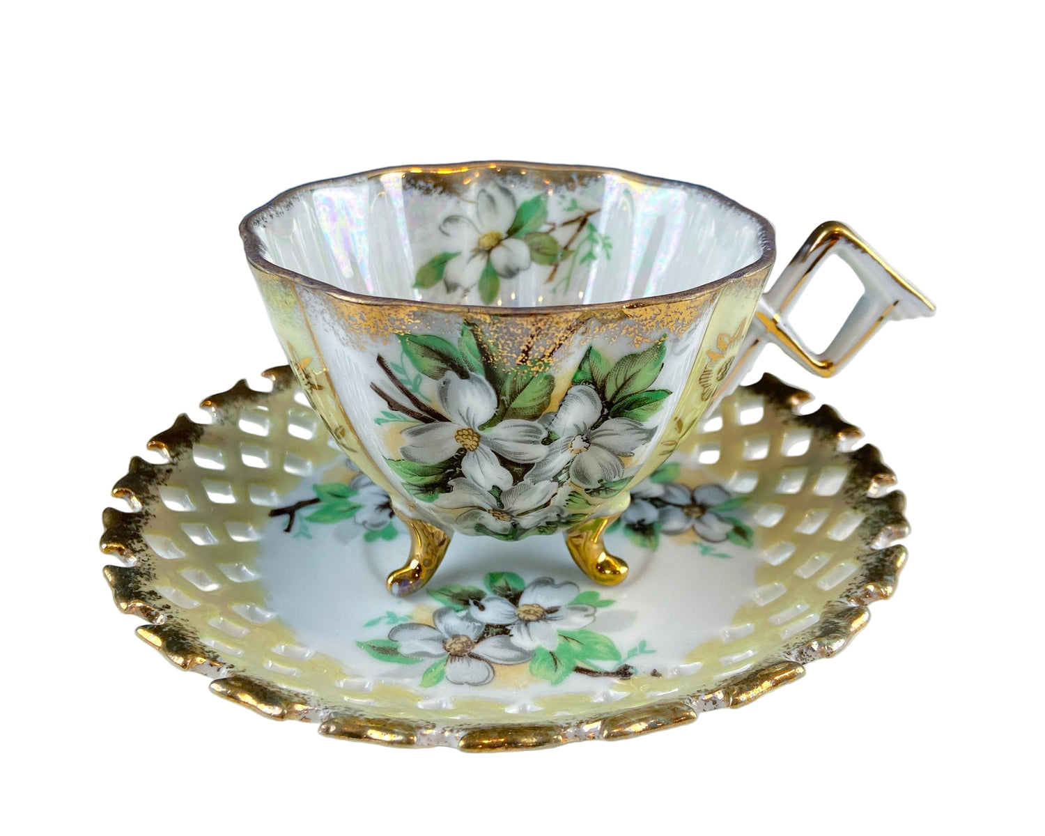 Vintage Iridescent Cup & Saucer – Yellow Reticulated Jasmin Motif