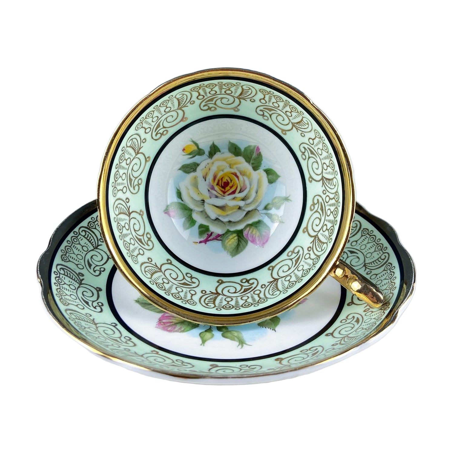 Vintage Regency Mint Green Cup & Saucer with White Rose Motif