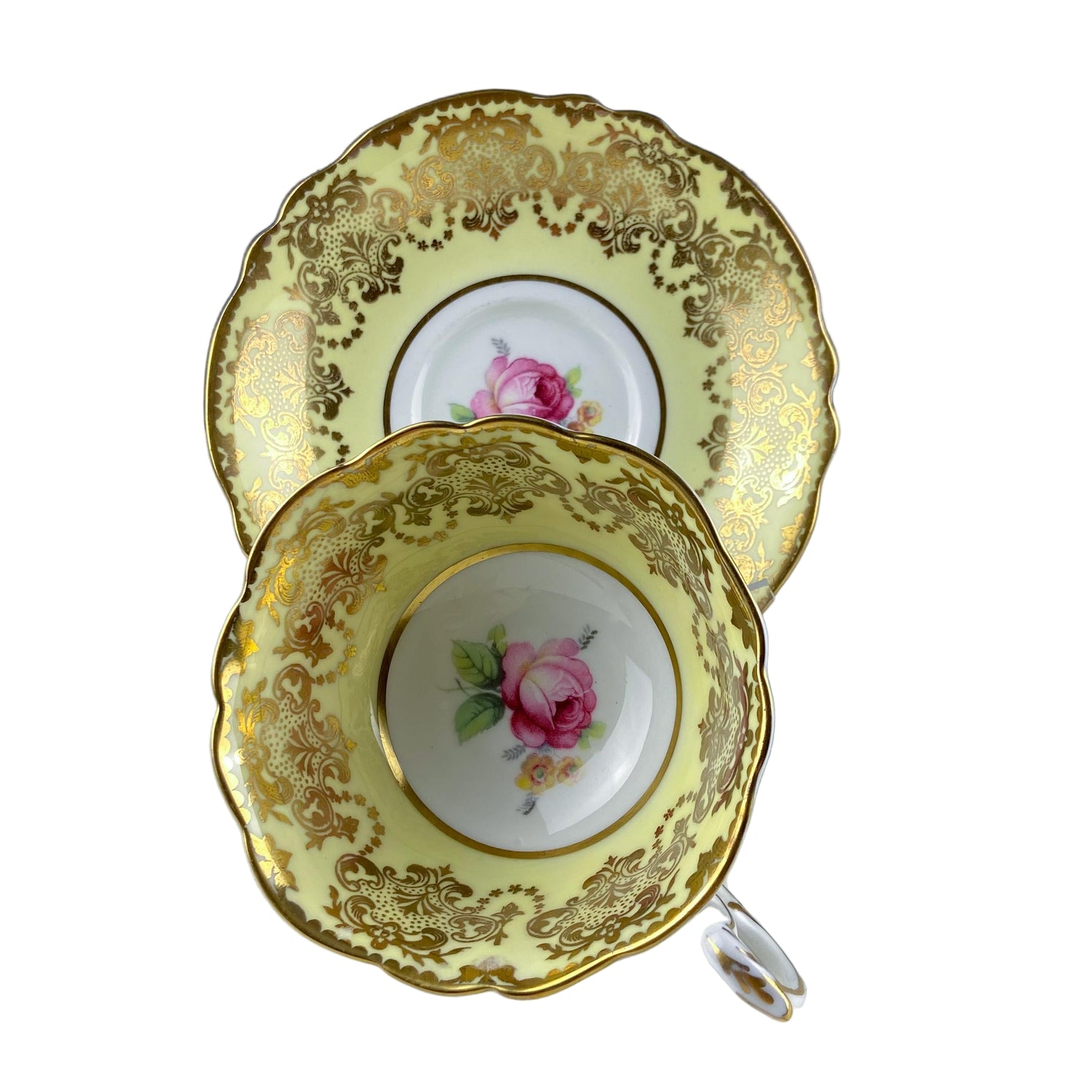 Vintage Paragon Yellow Cup & Saucer – Red Rose & Gold Floral Motif