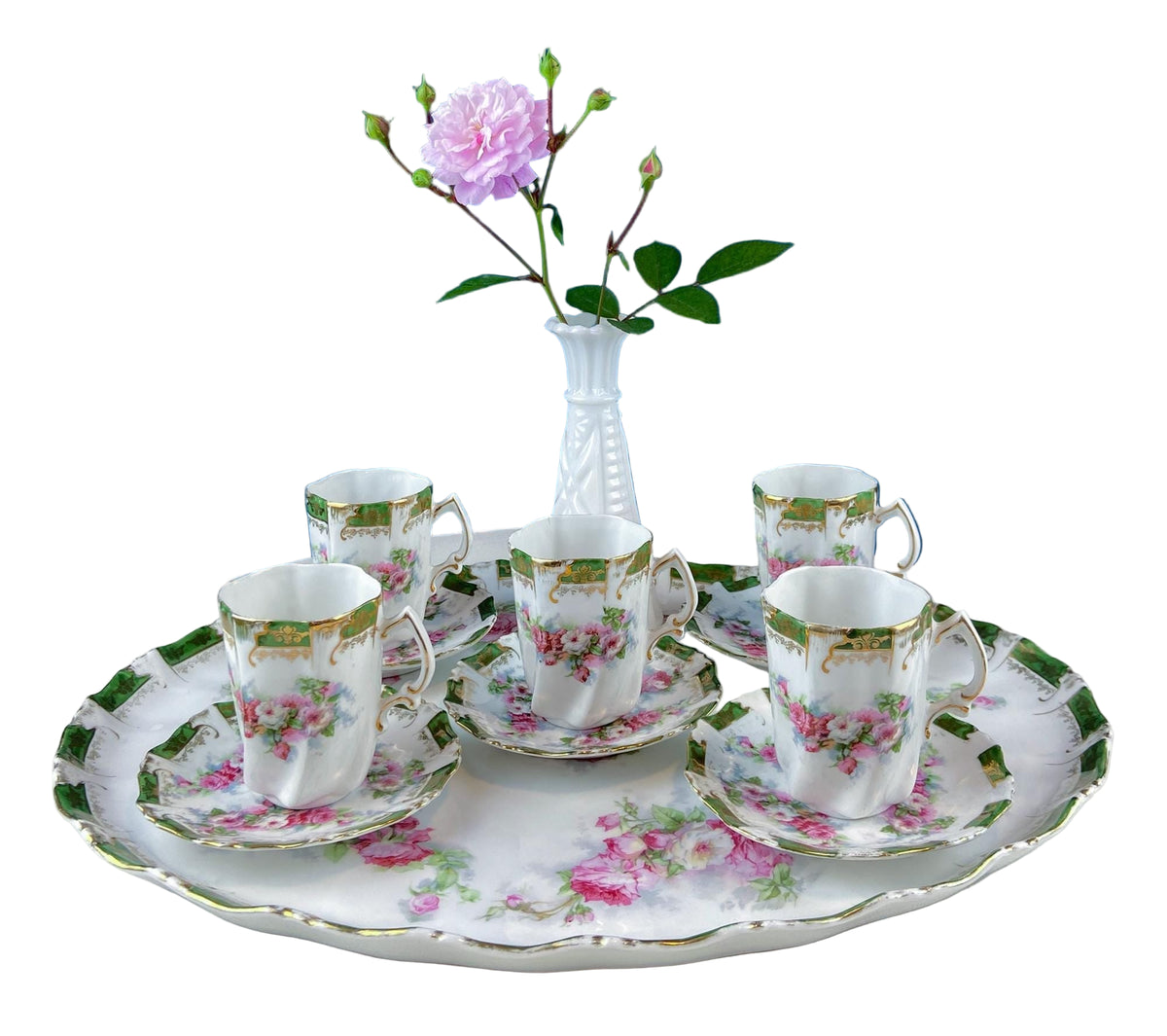 Antique Hand Painted Hot Chocolate Set – Wild Roses Tray with 5 Matching Cups