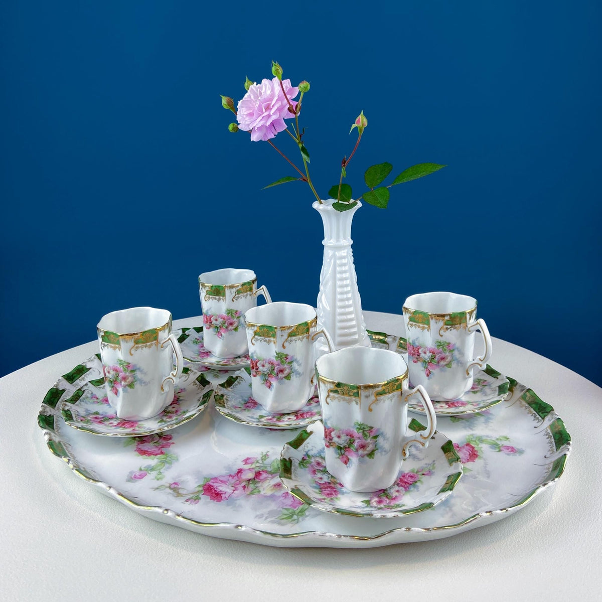 Antique Hand Painted Hot Chocolate Set – Wild Roses Tray with 5 Matching Cups
