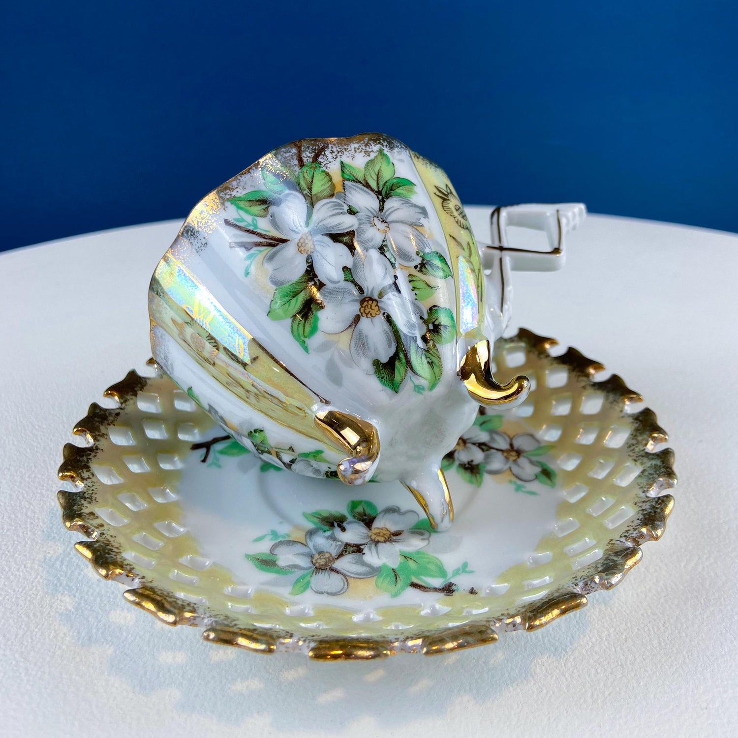 Vintage Iridescent Cup & Saucer – Yellow Reticulated Jasmin Motif