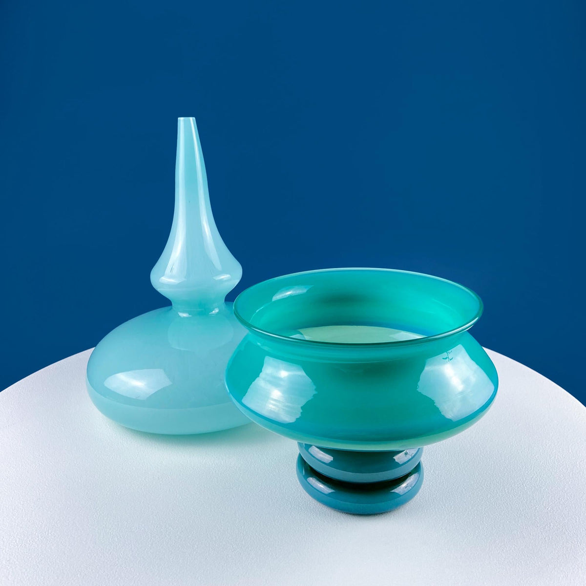 Modern Hand Blown Sky Blue Glass Vase – Curved Opaque Design