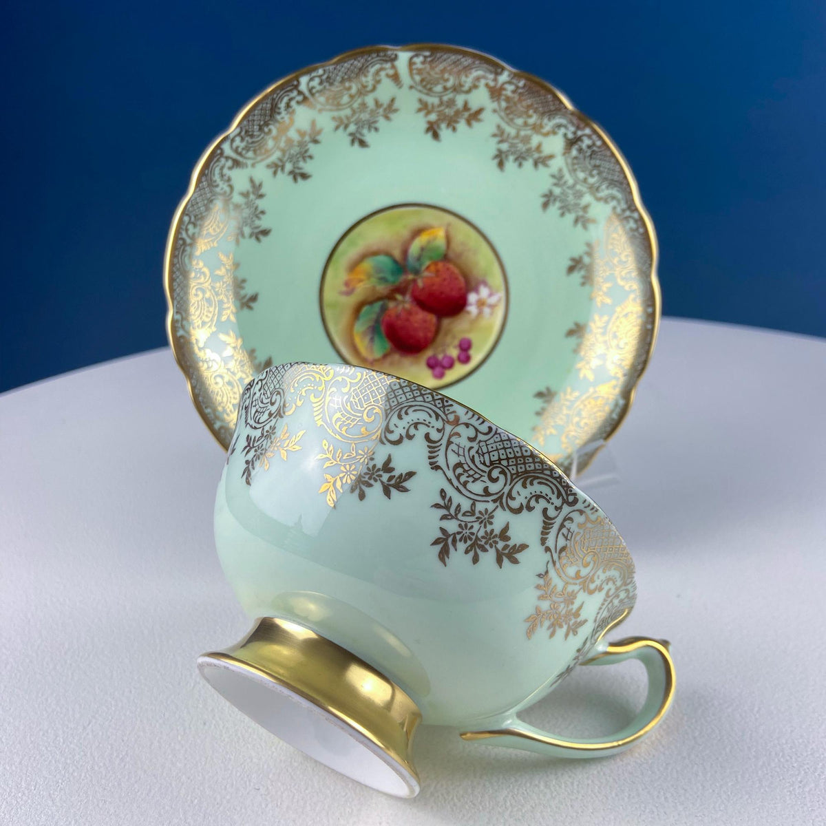 Vintage Paragon Mint Green & Gold Tea Cup & Saucer – Fruit Motif