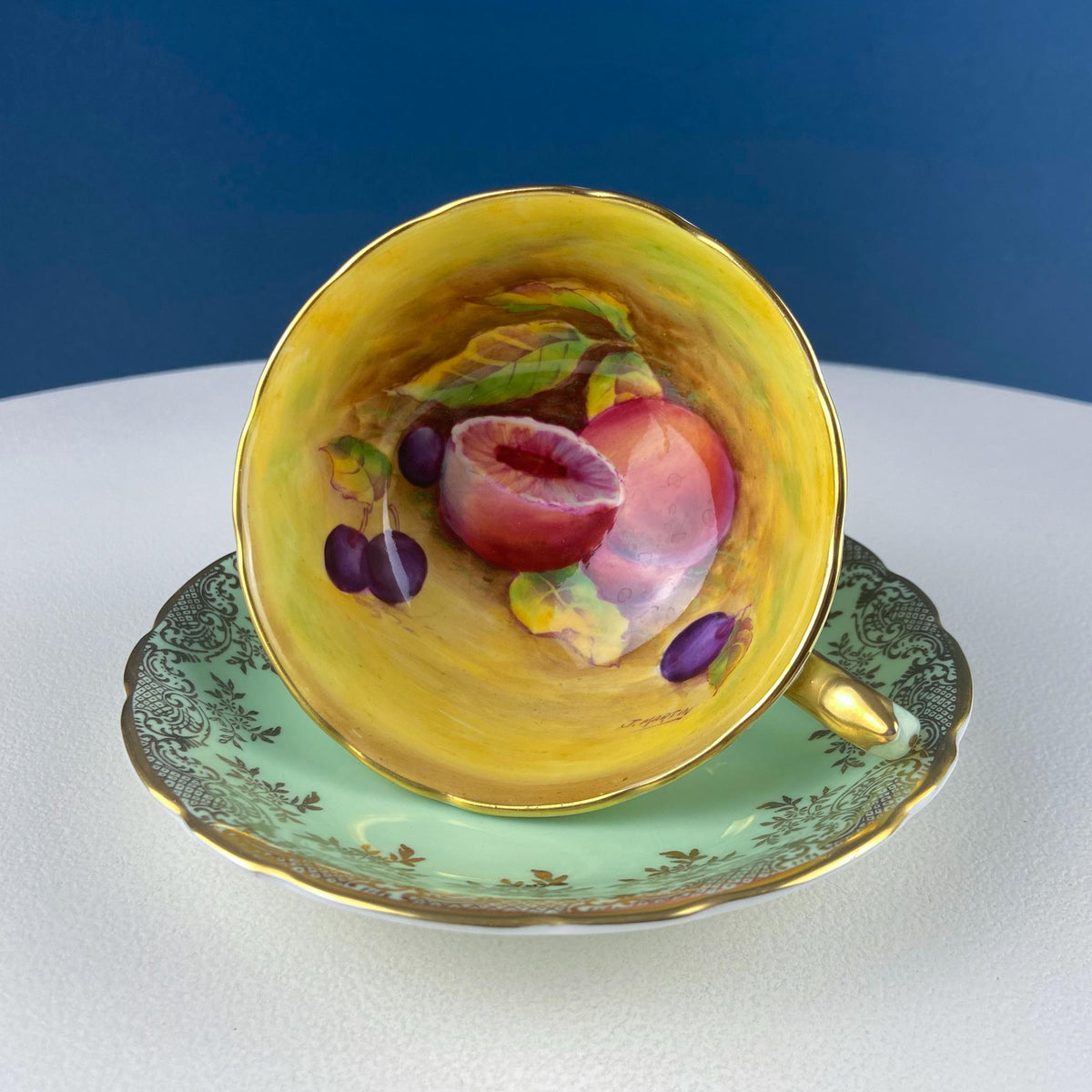 Vintage Paragon Mint Green & Gold Tea Cup & Saucer – Fruit Motif