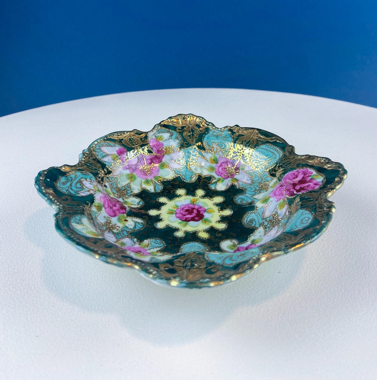 Antique Victorian Porcelain Bowl – Pink Roses & Gold Beading