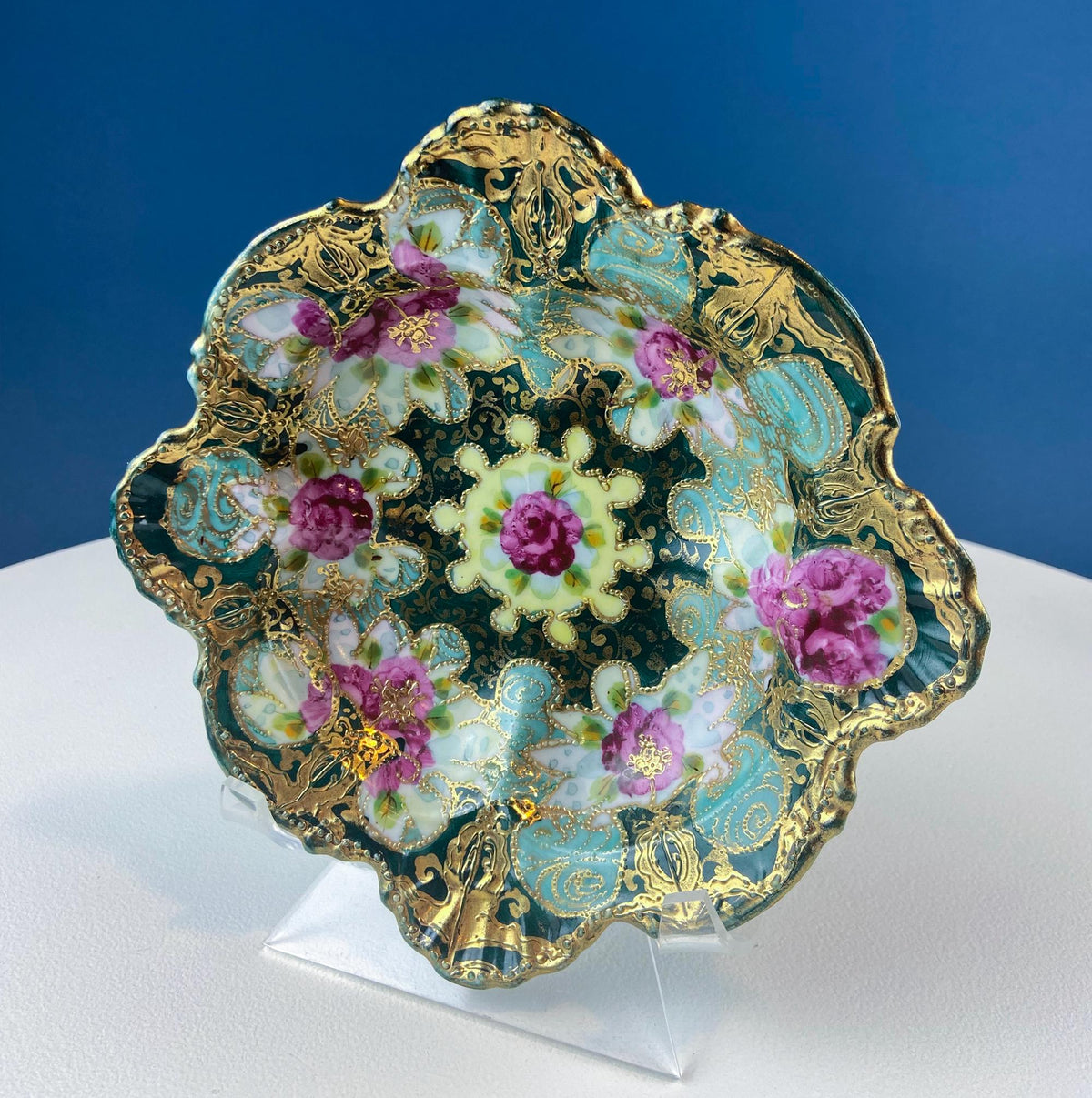 Antique Victorian Porcelain Bowl – Pink Roses & Gold Beading