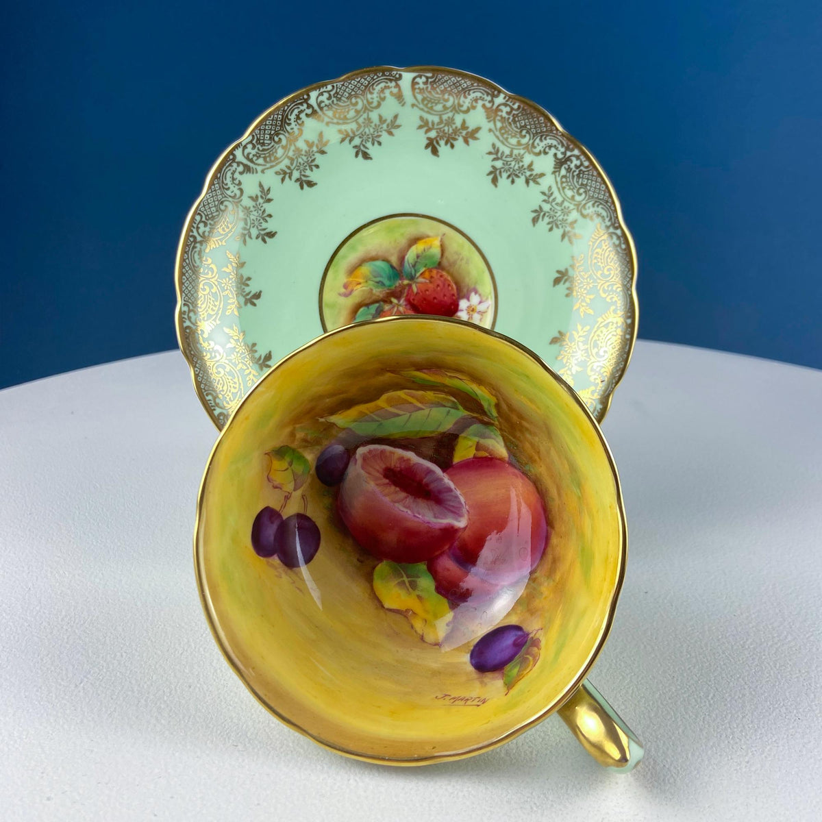 Vintage Paragon Mint Green & Gold Tea Cup & Saucer – Fruit Motif