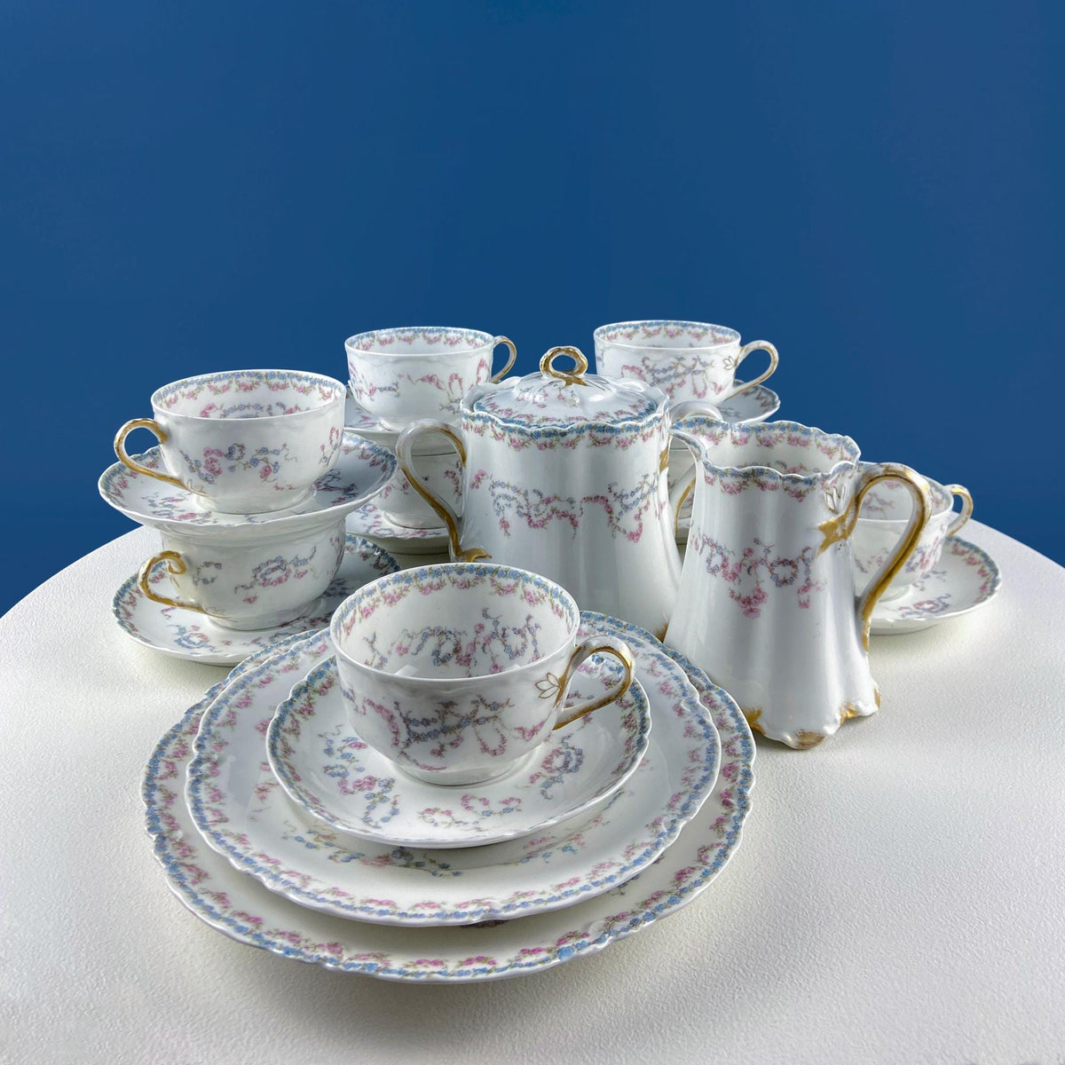 Antique Limoges Dish Set for 8 – Forget-Me-Nots & Tea Roses Floral Motif