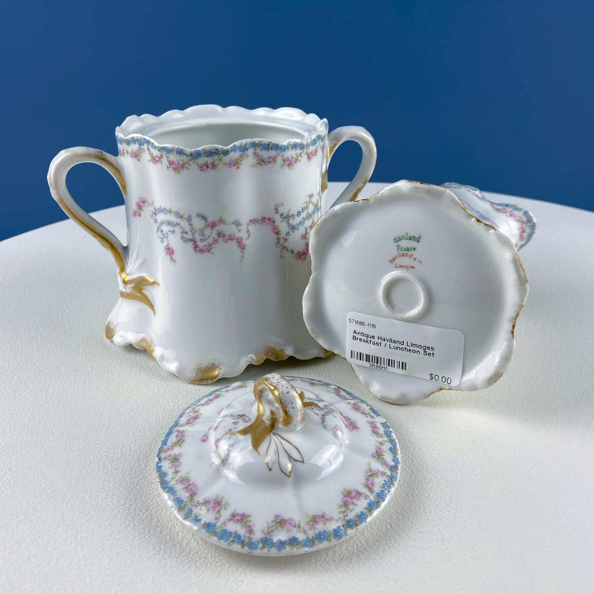 Antique Limoges Dish Set for 8 – Forget-Me-Nots & Tea Roses Floral Motif