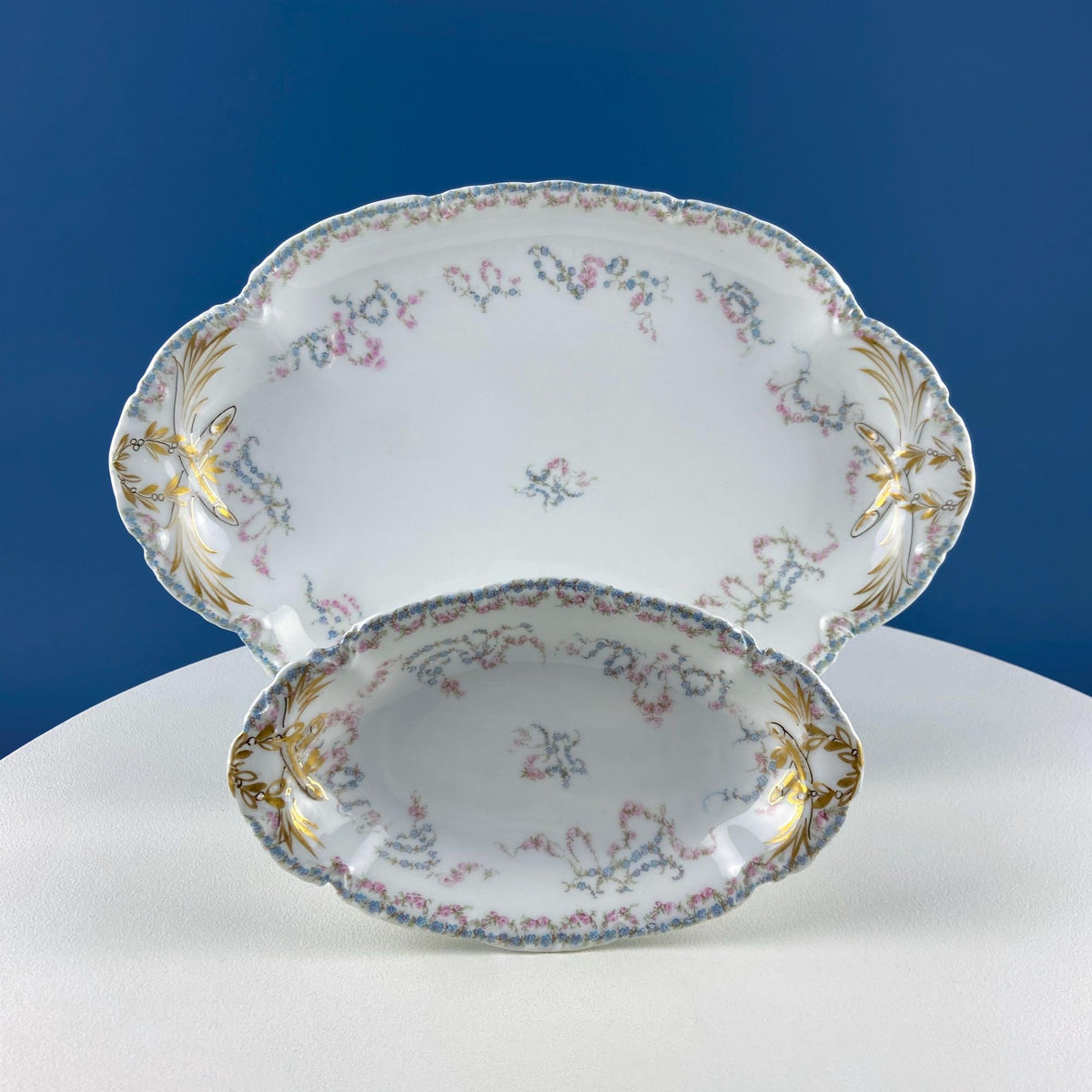 Antique Limoges Dish Set for 8 – Forget-Me-Nots & Tea Roses Floral Motif