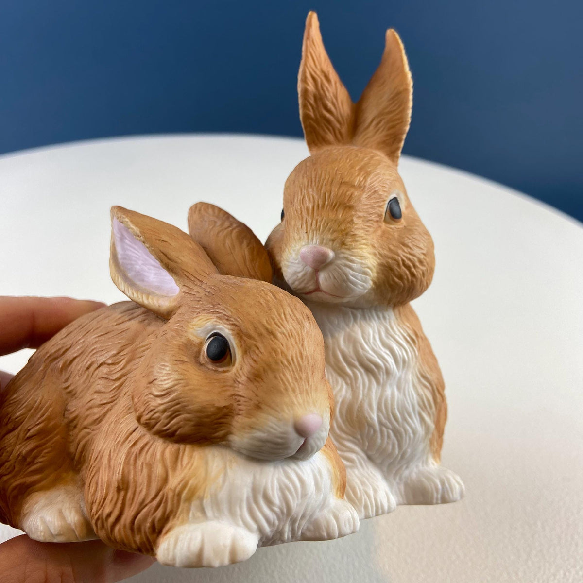 Brown Porcelain Snuggling Bunny Figurine – Set of 2 Rabbits