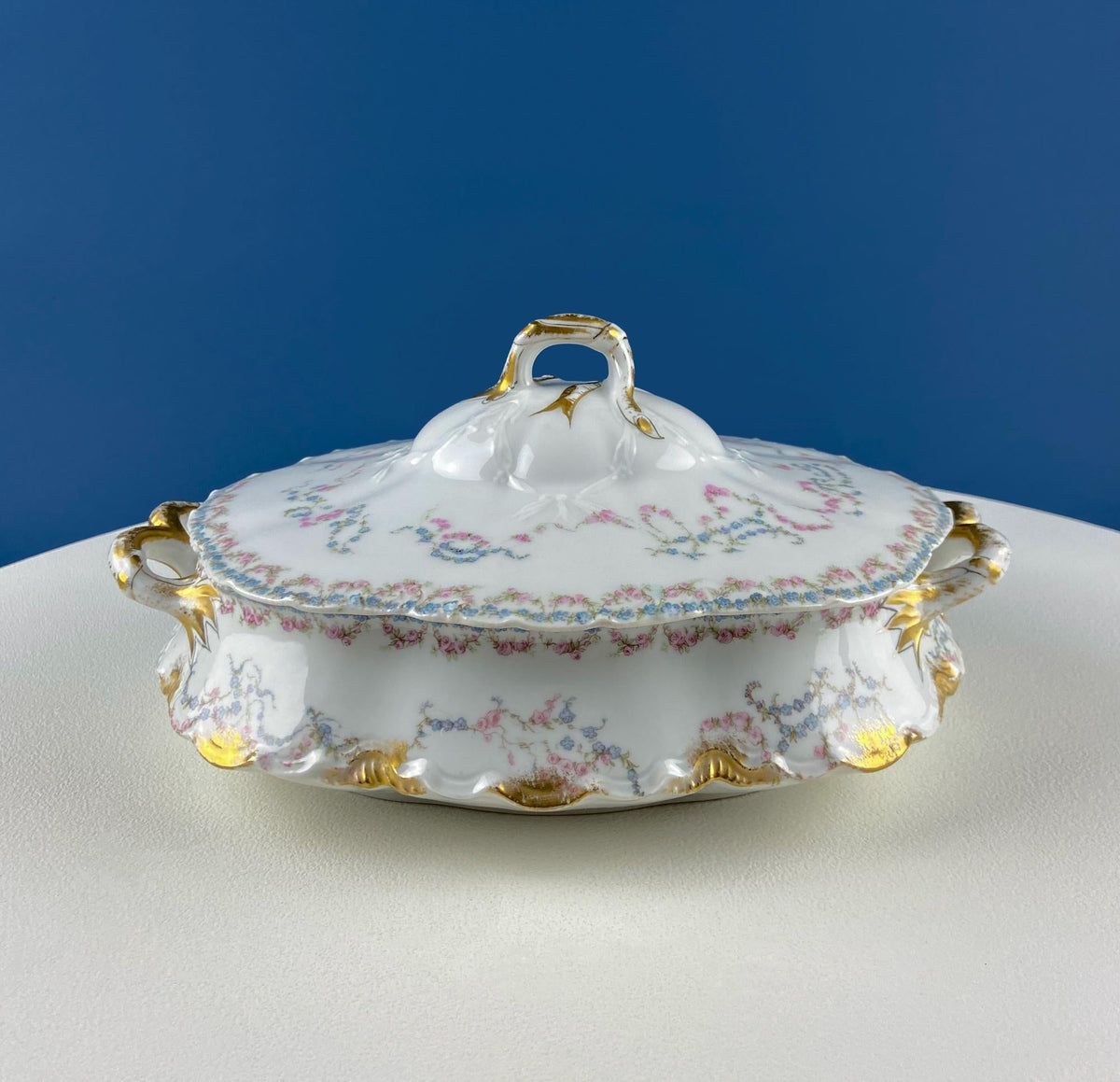 Antique Limoges Dish Set for 8 – Forget-Me-Nots & Tea Roses Floral Motif