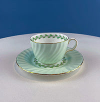 Minton Porcelain Cups & Saucers – Set of 4 Green & White Leaf Garland Design