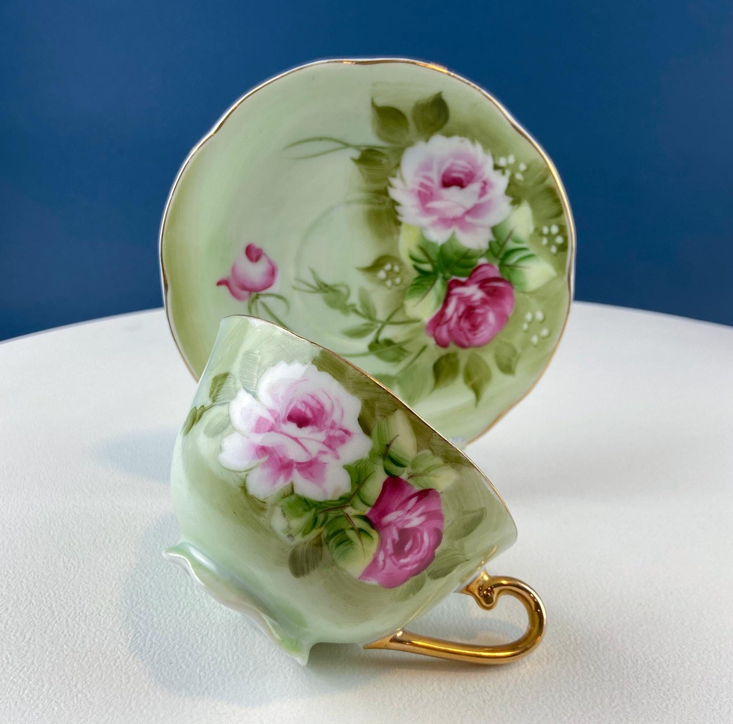 Lefton Hand Painted Tea Set – Roses Motif with Cup, Saucer, Creamer & Sugar Jar