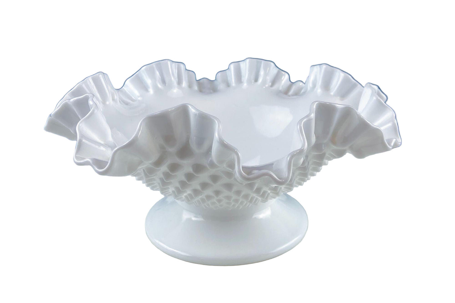 Vintage Fenton Milk Glass Hobnail Footed Bowl – Ruffled Edge