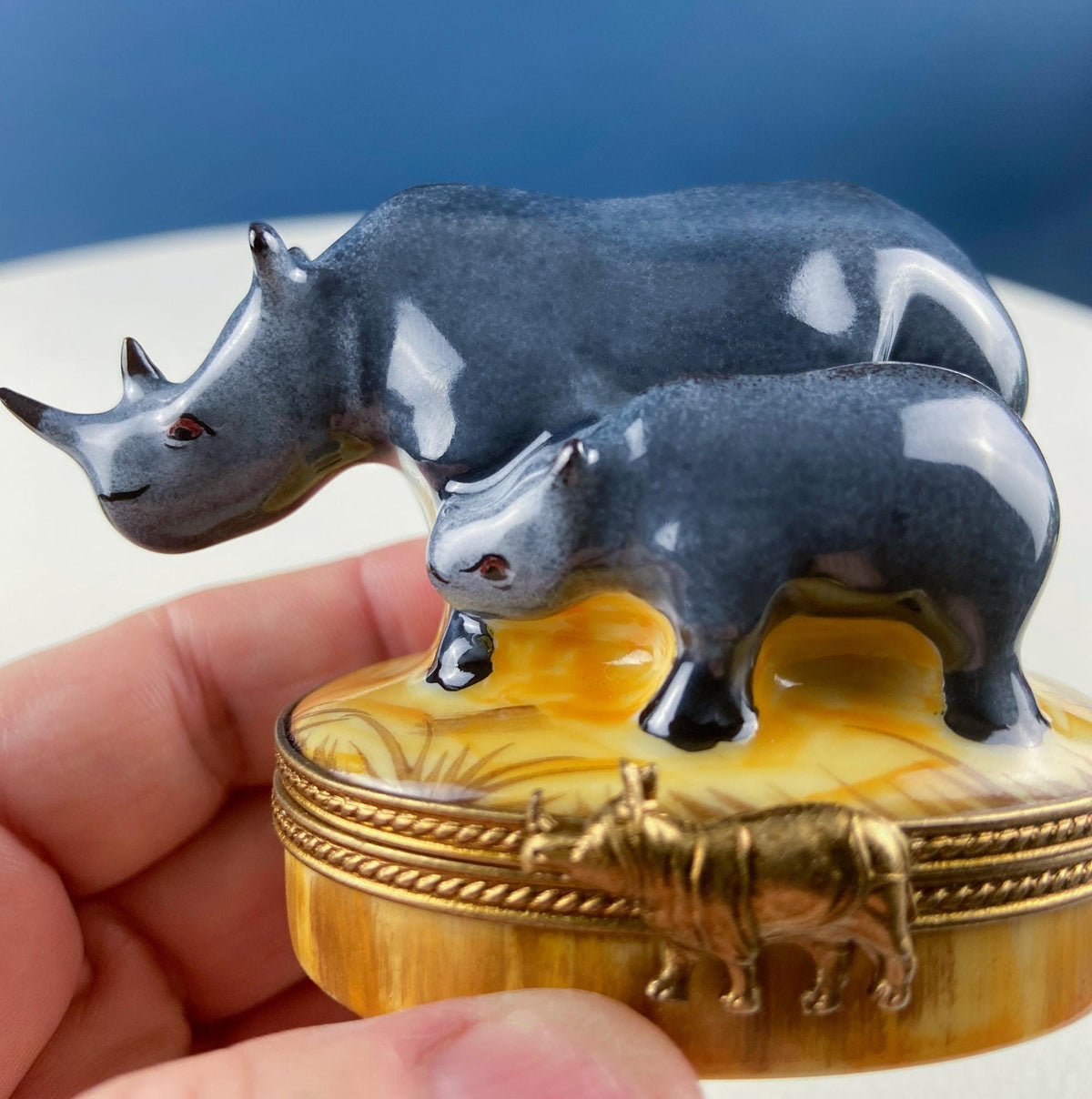 Vintage Lefton Porcelain Miniature Box – Lion & Cub Brass Trinket Box