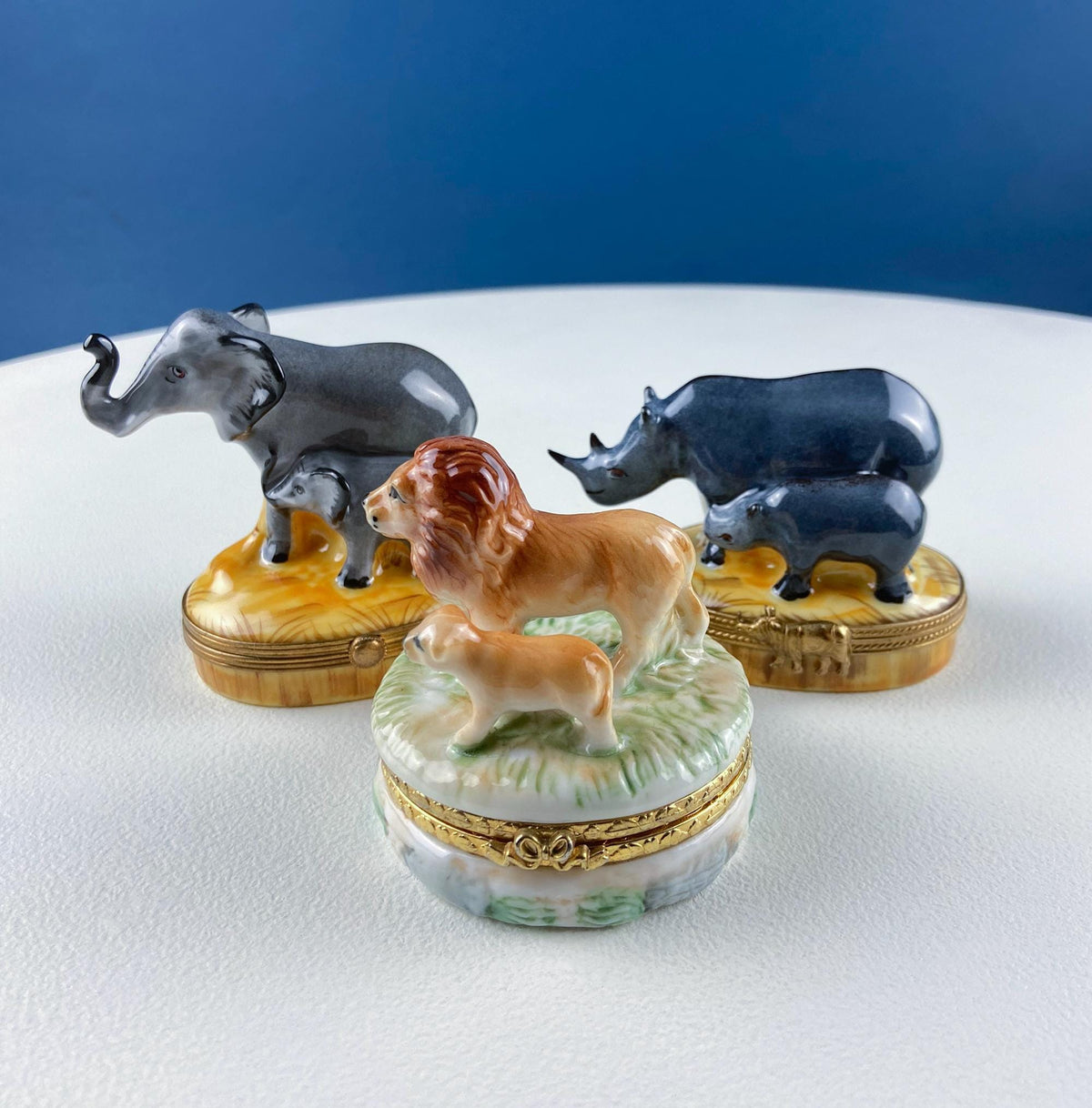 Vintage Lefton Porcelain Miniature Box – Lion & Cub Brass Trinket Box