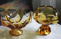 Amber Glass Pedestal Candy Bowl – Scalloped Pinched Rim Design