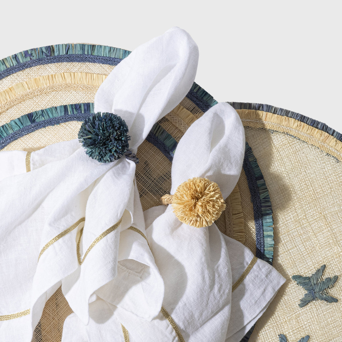 Straw Pompom Napkin Rings – Indigo (Set of 4)