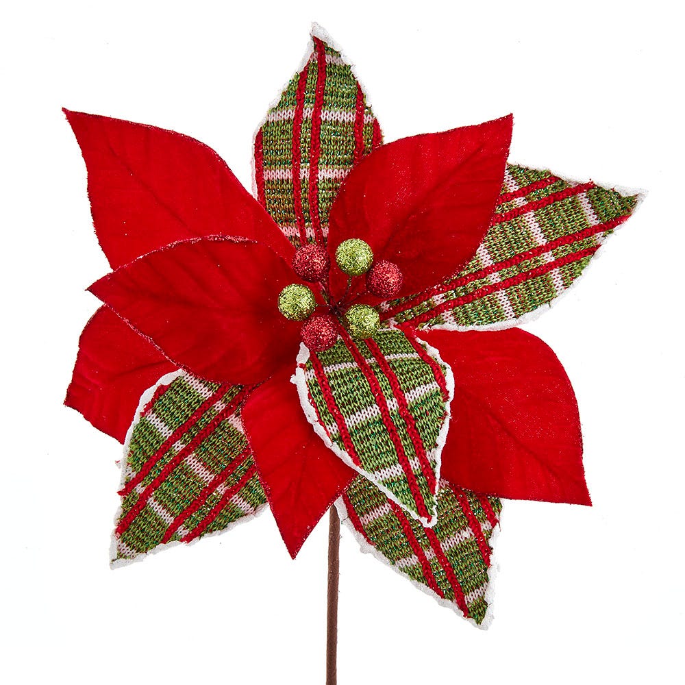 Red and Pine Green Plaid Poinsettia Pick