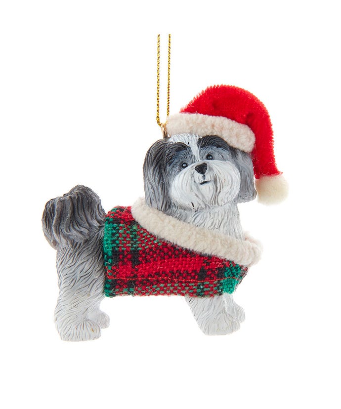 Grey Shih-Tzu With Plaid Coat and Santa Hat Ornament