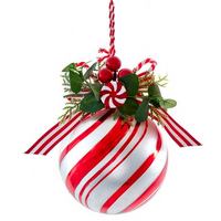 Peppermint Glass Ball With Candy and Greenery Ornament -