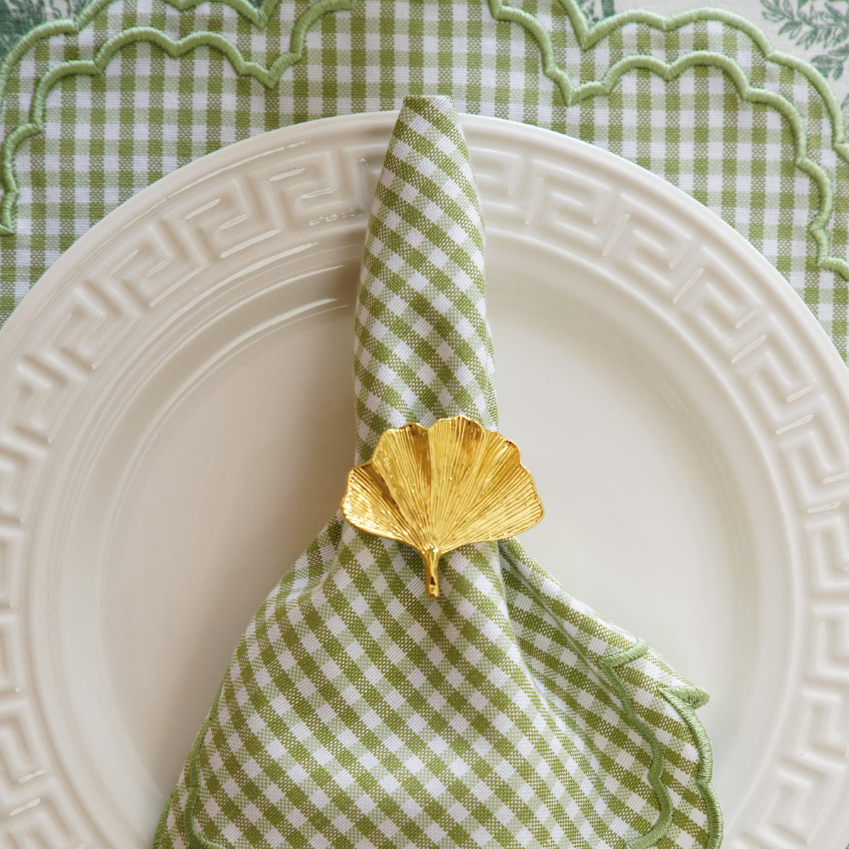 Magnolia Gingham Green Scalloped Fabric Placemat Napkin Set