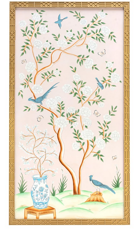 Pale Pink And Multi Color Vase Chinoiserie Mural