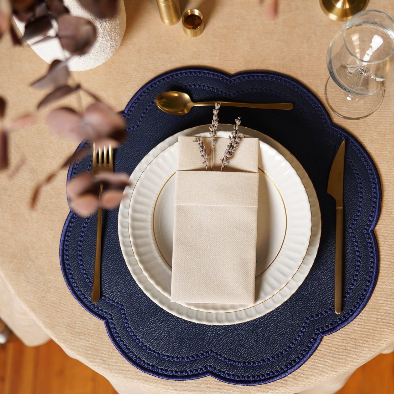 Nurture Navy Blue Round Faux Leather Placemat