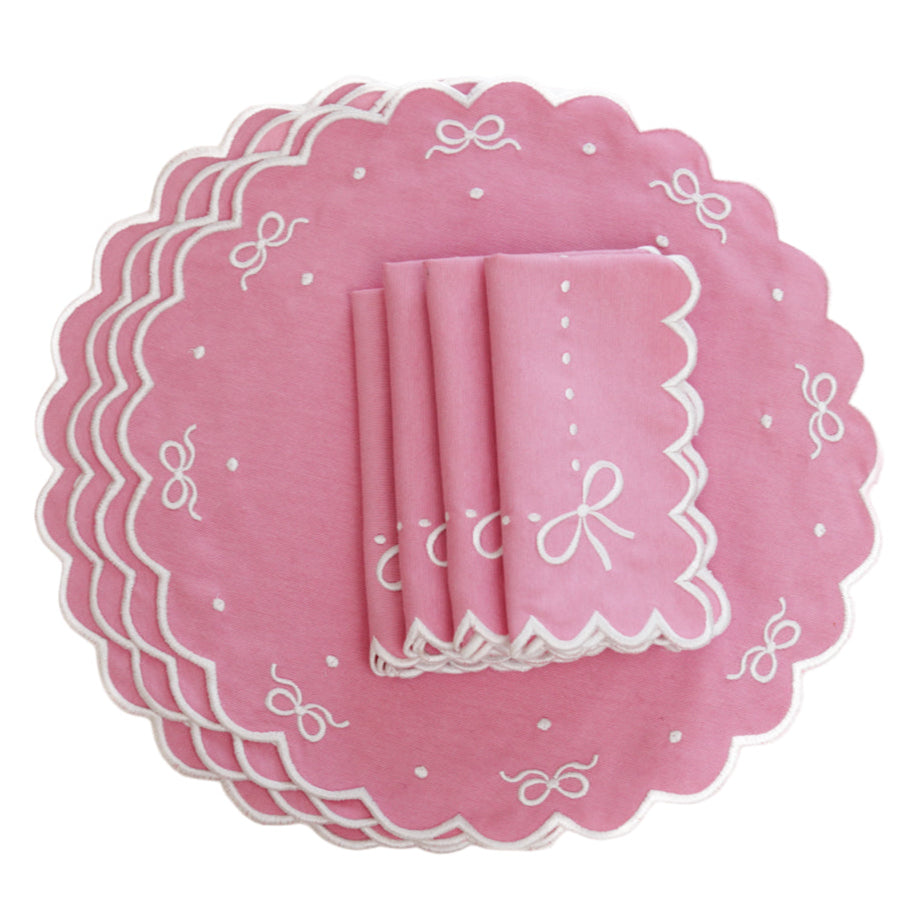 Pink Cotton Placemat & Napkin Set with Bow Accents