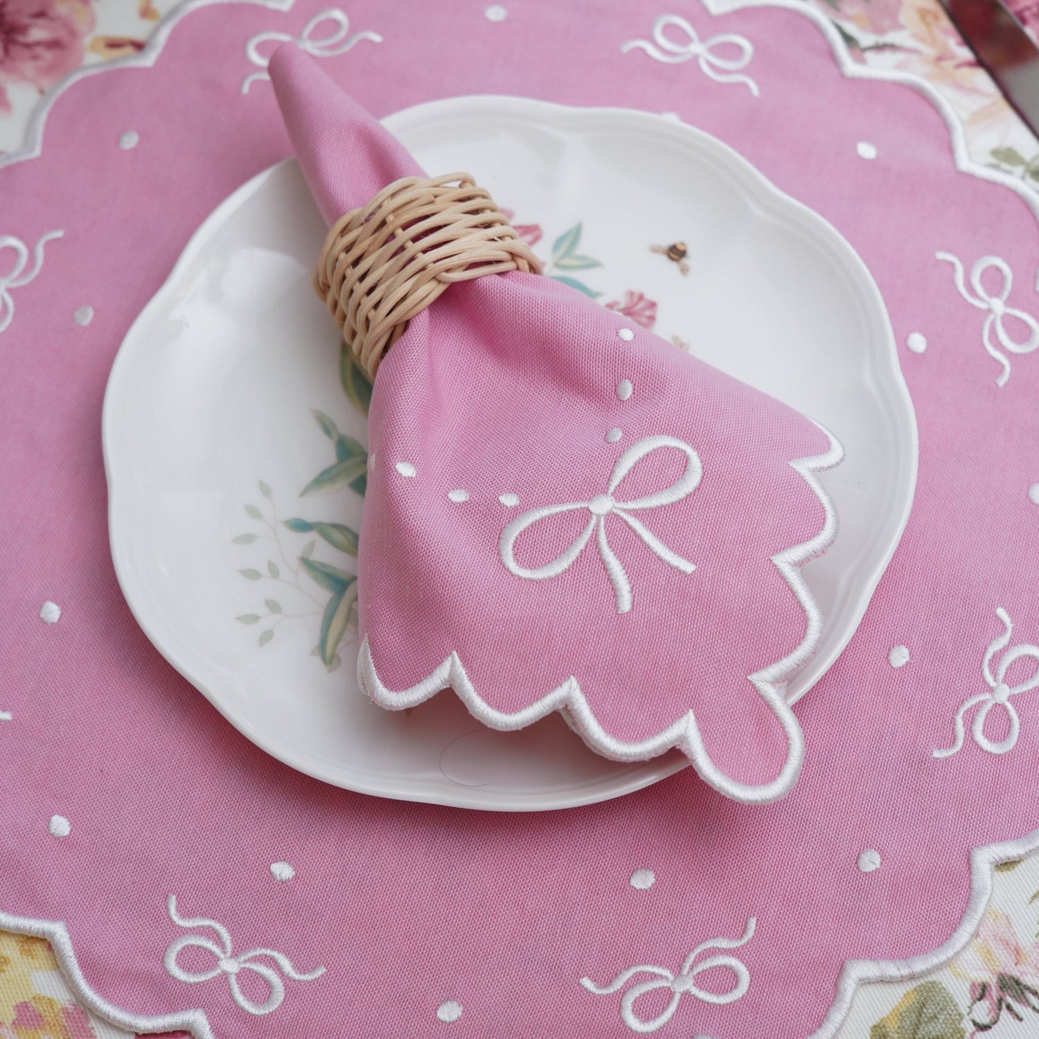 Pink Cotton Placemat & Napkin Set with Bow Accents