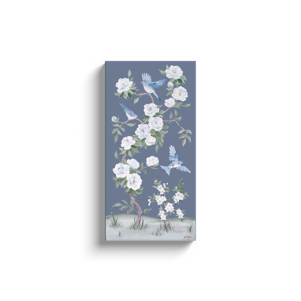 Bluebirds and Peonies – Dark Blue Chinoiserie Canvas Wrap (Various Sizes)