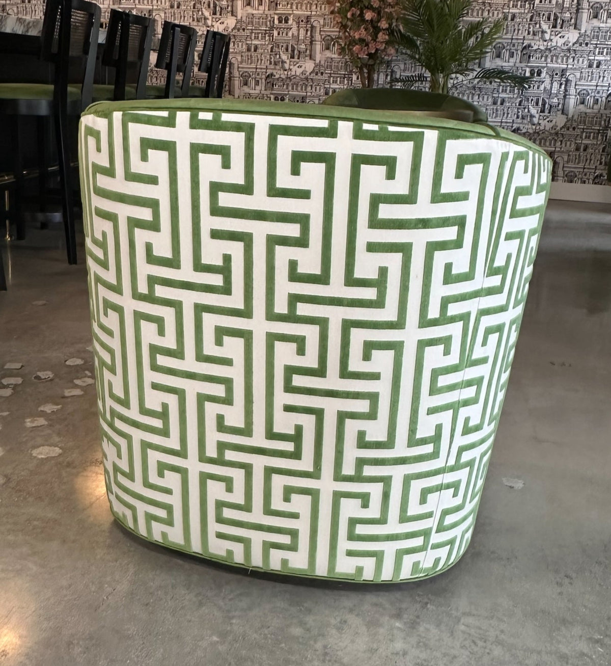 Custom Swivel Chair with Green Performance Fabric & Thibaut “Green Ming” Back