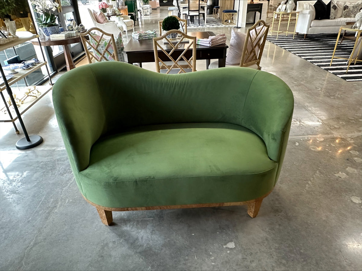 NH Palm Collection Asymmetrical Settee in Green Velvet & Burl Veneer