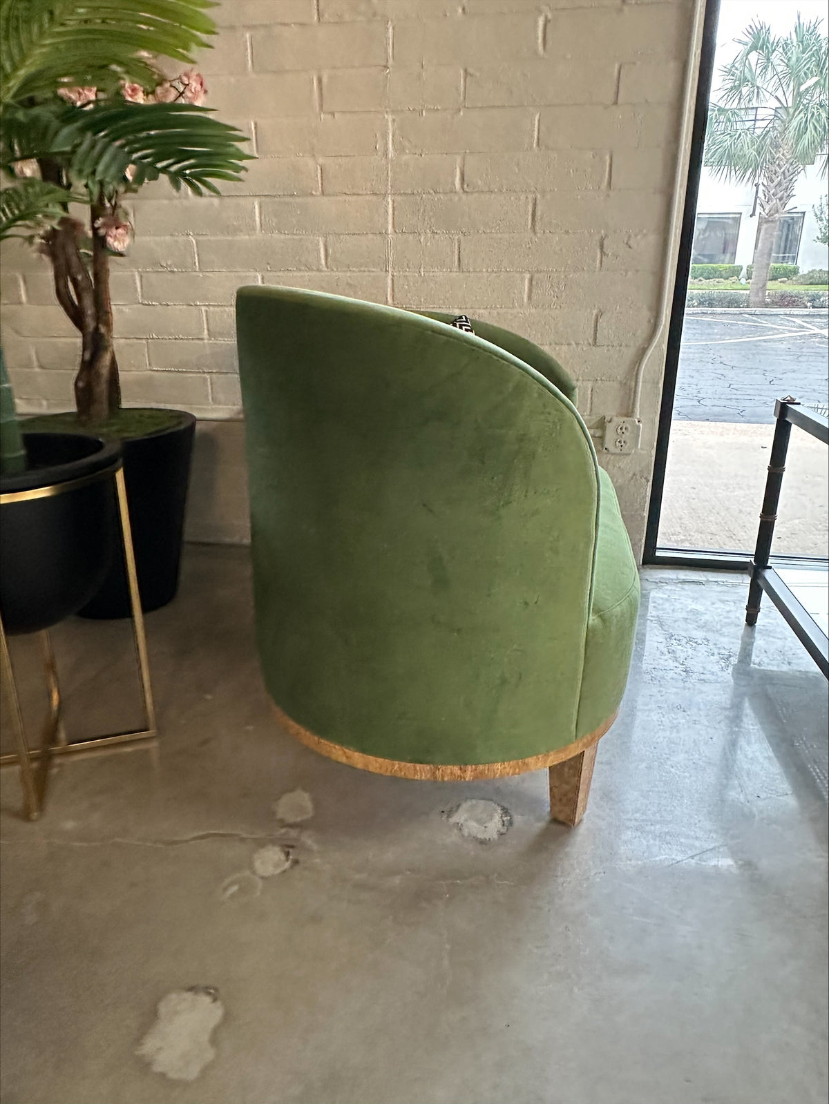 NH Palm Collection Asymmetrical Settee in Green Velvet & Burl Veneer