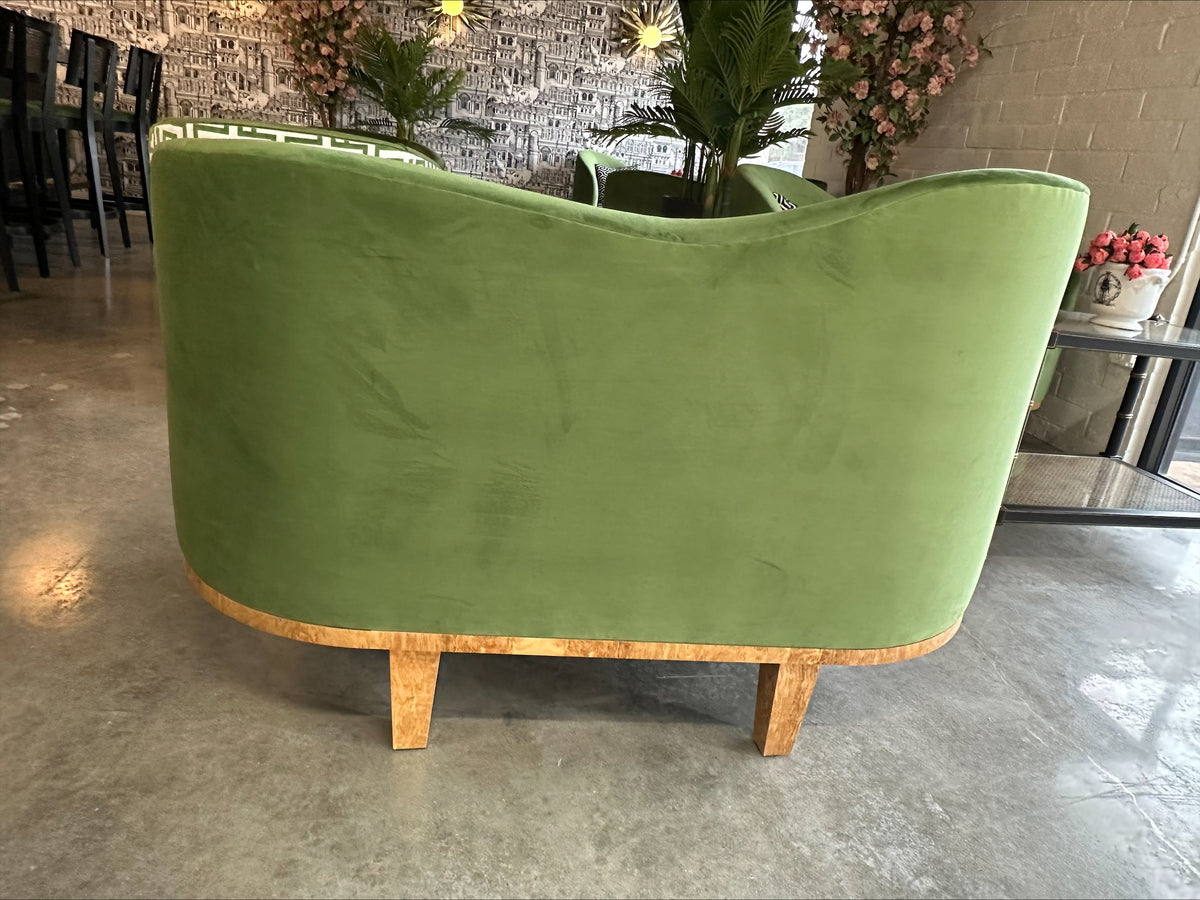 NH Palm Collection Asymmetrical Settee in Green Velvet & Burl Veneer
