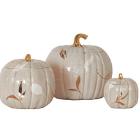 Layered Leaves Pumpkin Jars with 22K Gold Accents in Beige (Various Sizes)