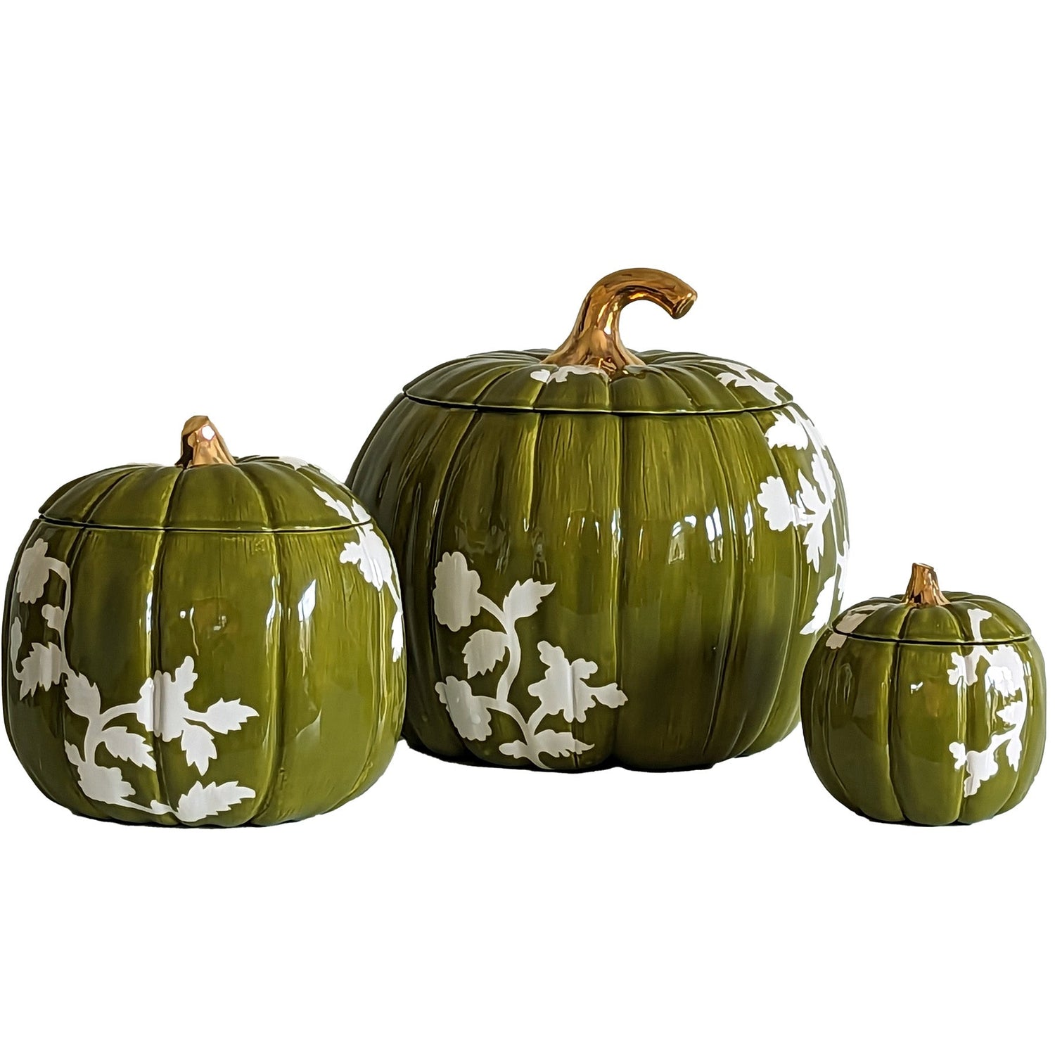 Chinoiserie Pumpkin Jars with 22K Gold Accents in Moss Green (Various Sizes)