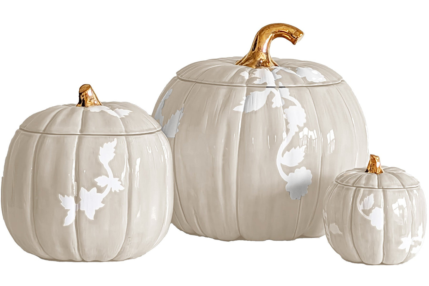 Chinoiserie Pumpkin Jars with 22K Gold Accents in Beige (Various Sizes)