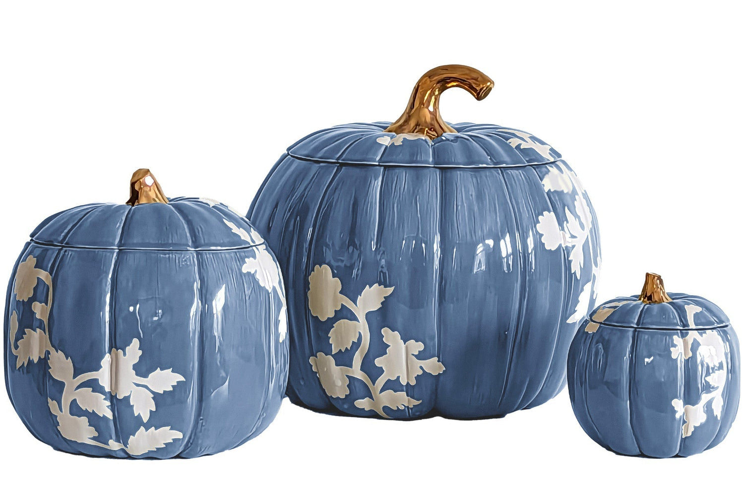 Chinoiserie Pumpkin Jars with 22K Gold Accents in French Blue (Various Sizes)