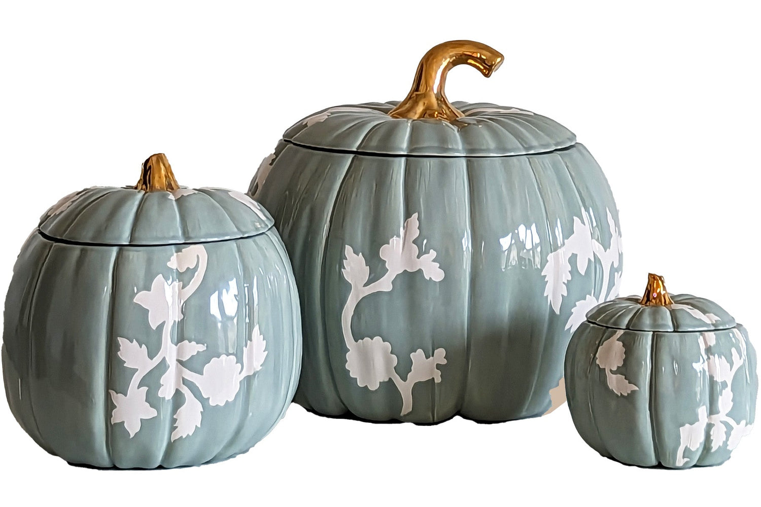 Chinoiserie Pumpkin Jars with 22K Gold Accents in Lamb's Ear Blue (Various Sizes)