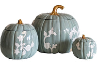 Chinoiserie Pumpkin Jars with 22K Gold Accents in Lamb's Ear Blue (Various Sizes)