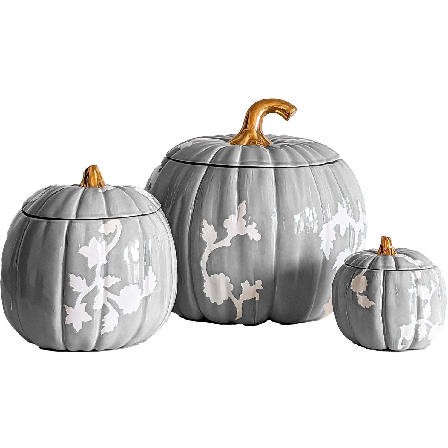Chinoiserie Pumpkin Jars with 22K Gold Accents in Light Gray (Various Sizes)