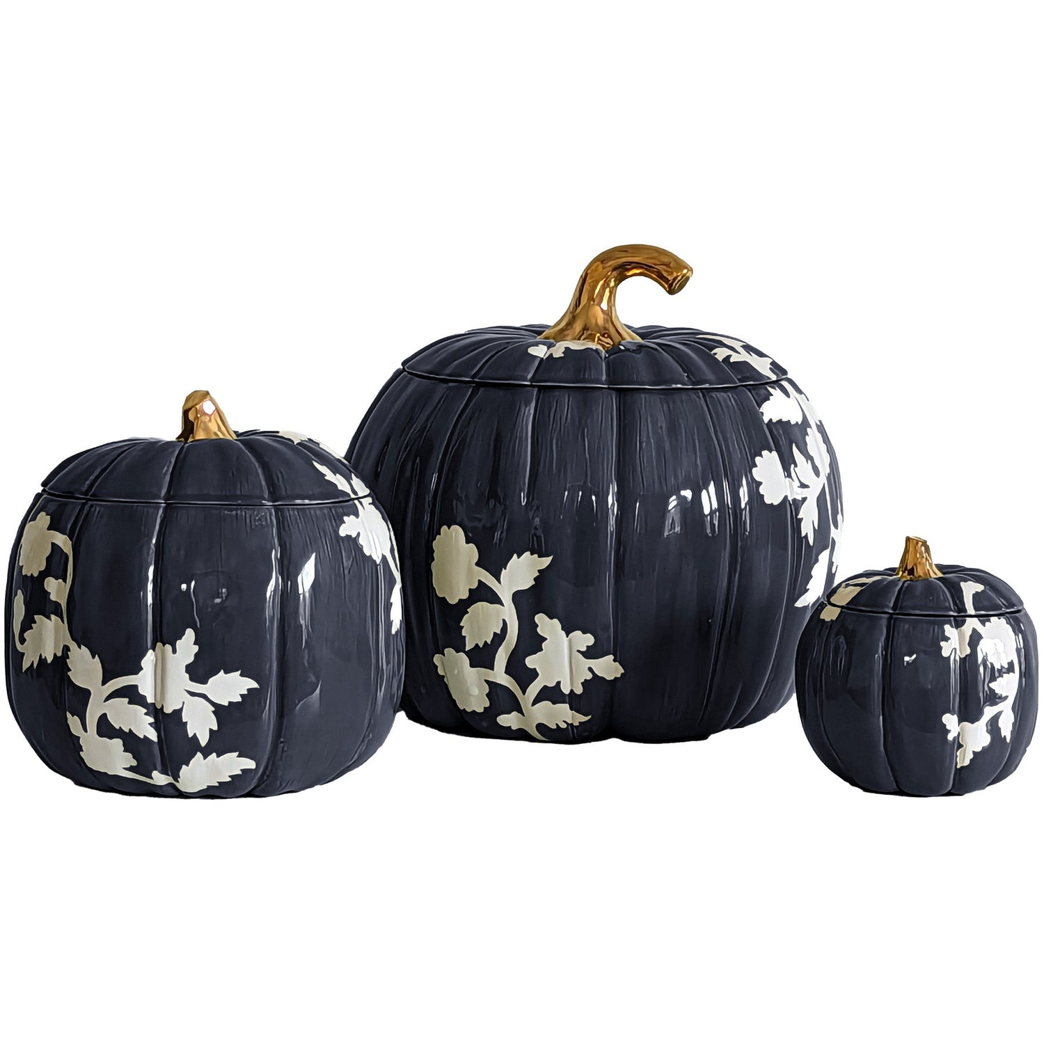 Chinoiserie Pumpkin Jars with 22K Gold Accents in Navy Blue (Various Sizes)
