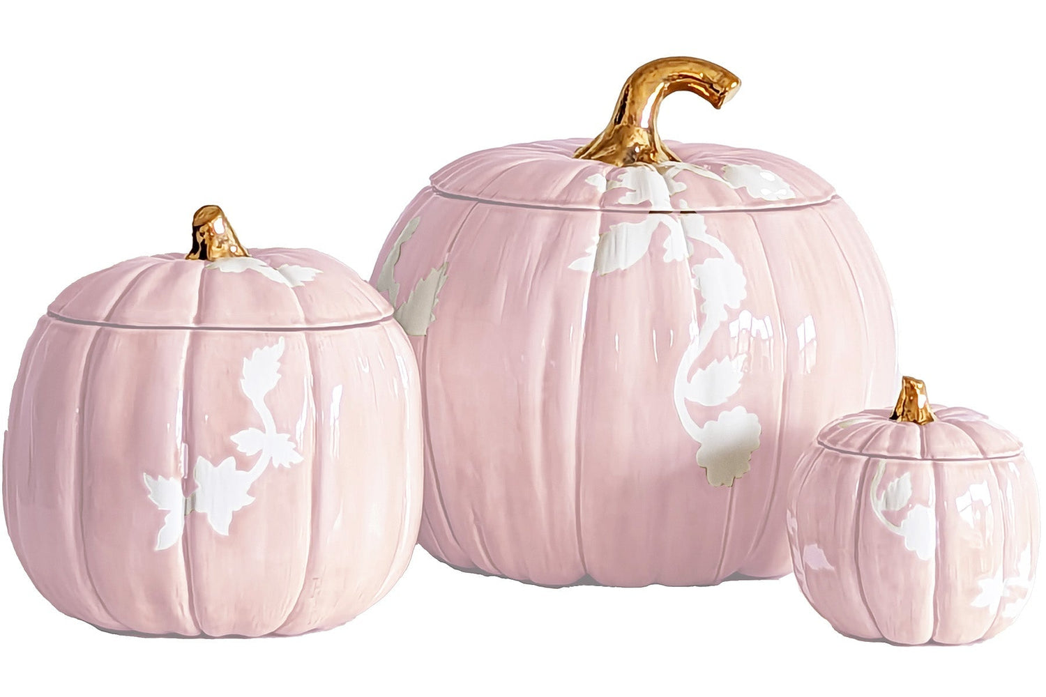 Chinoiserie Pumpkin Jars with 22K Gold Accents in Light Pink (Various Sizes)