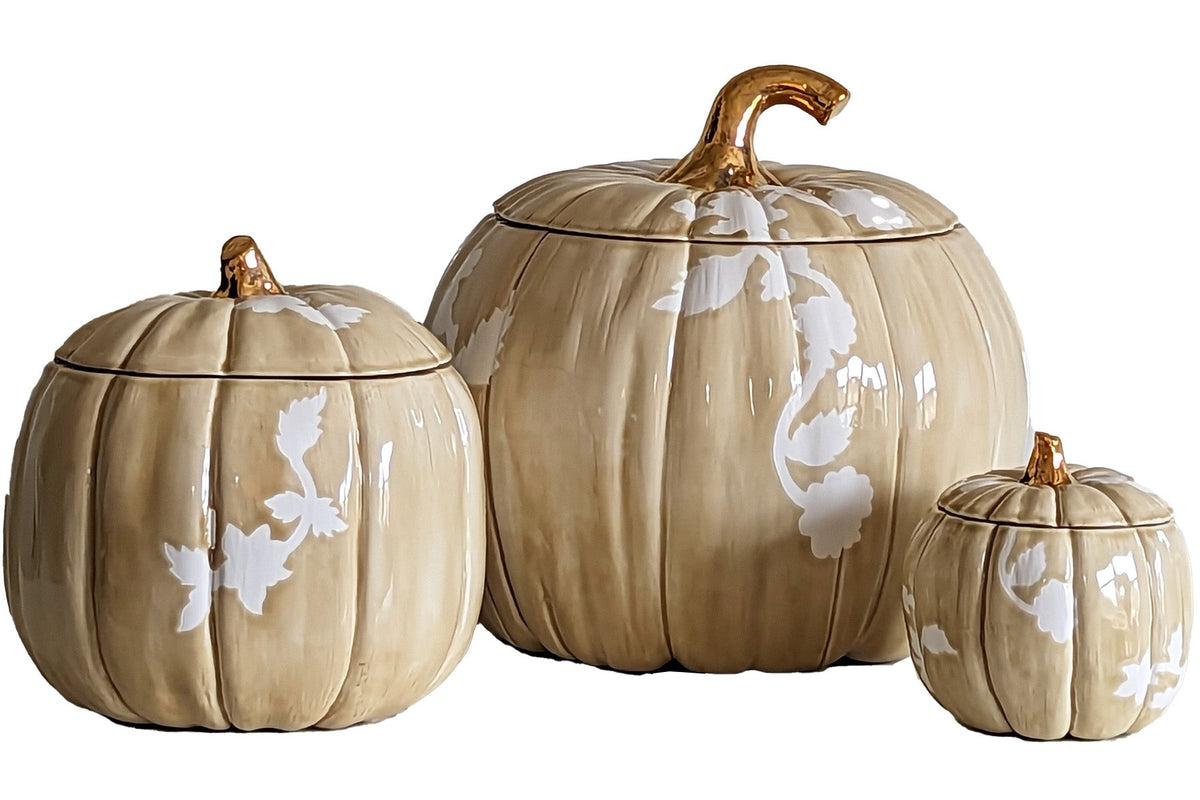 Chinoiserie Pumpkin Jars with 22K Gold Accents in Sand (Various Sizes)
