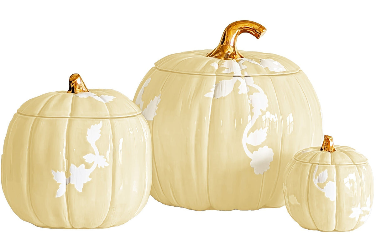 Chinoiserie Pumpkin Jars with 22K Gold Accents in Light Yellow (Various Sizes)