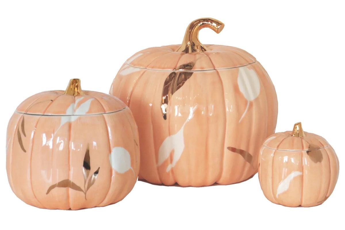 Layered Leaves Pumpkin Jars with 22K Gold Accents in Sheer Orange (Various Sizes)