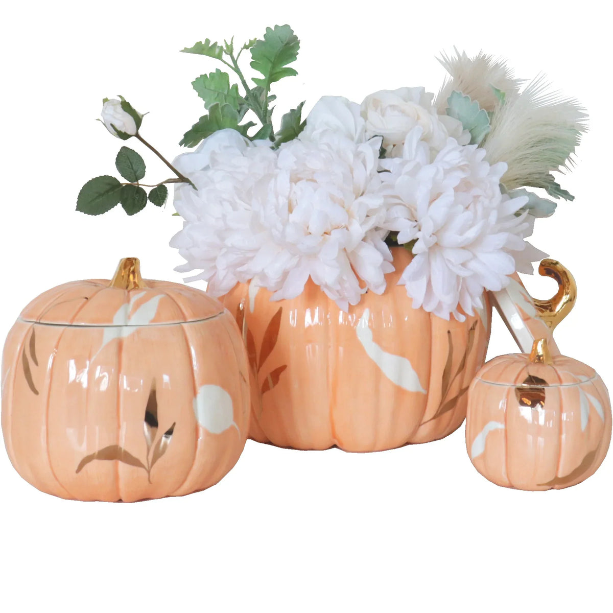 Layered Leaves Pumpkin Jars with 22K Gold Accents in Sheer Orange (Various Sizes)